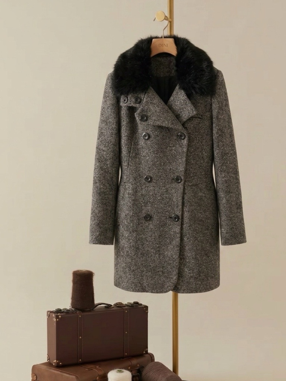 bebe Gray Wool-Blend Double-Breasted Pea Coat with Black Faux Fur Collar